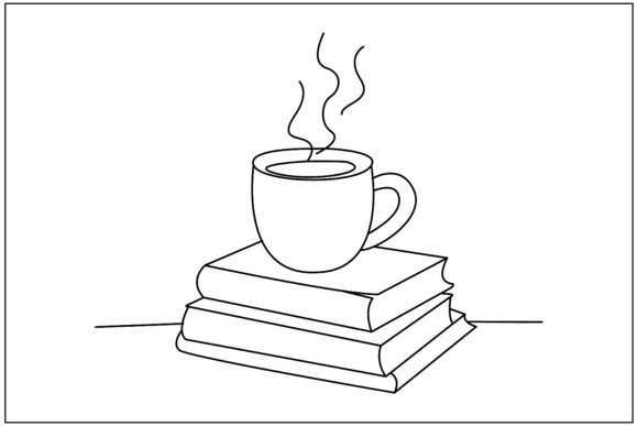 Coffee Mug Books Stack Line Art