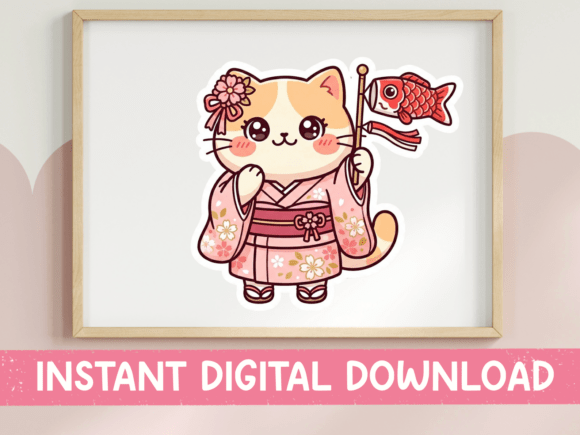 Kawaii Kimono Cat Koinobori SVG PNG
